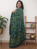Green Checks Bandhani Gajji Silk Gharchola Dupatta - Luxurion World