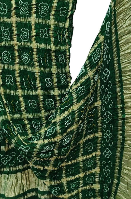 Green Checks Bandhani Pure Gajji Silk Tissue Border Dupatta - Luxurion World