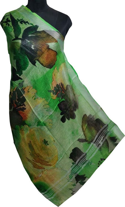Green Digital Printed Linen Floral Design Dupatta - Luxurion World