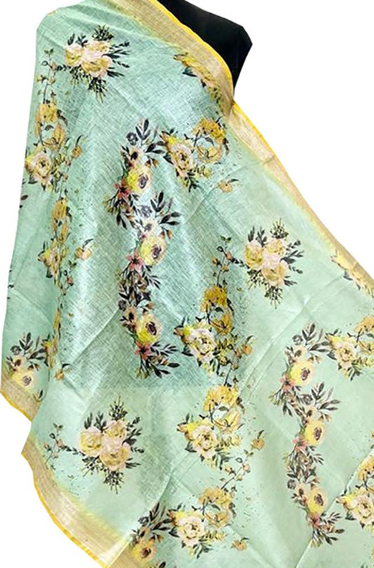 Green Digital Printed Linen Floral Design Dupatta - Luxurion World