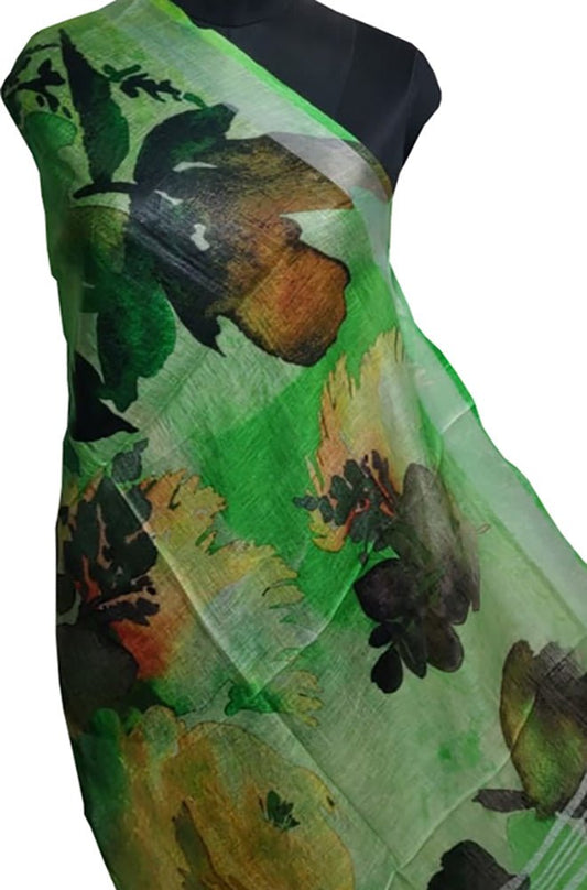 Green Digital Printed Linen Floral Design Dupatta - Luxurion World
