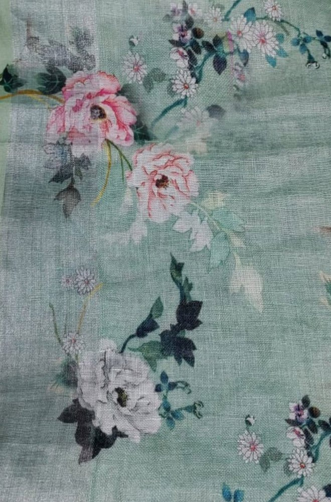 Green Digital Printed Linen Floral Design Saree - Luxurion World