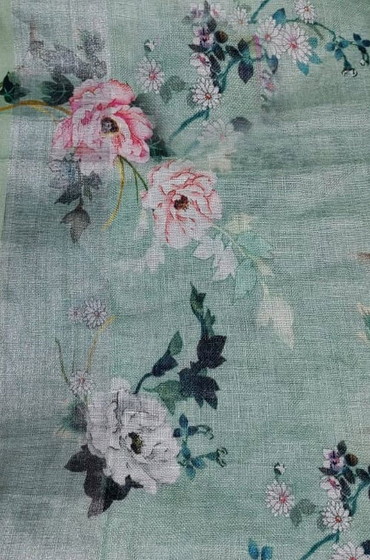 Green Digital Printed Linen Floral Design Saree - Luxurion World