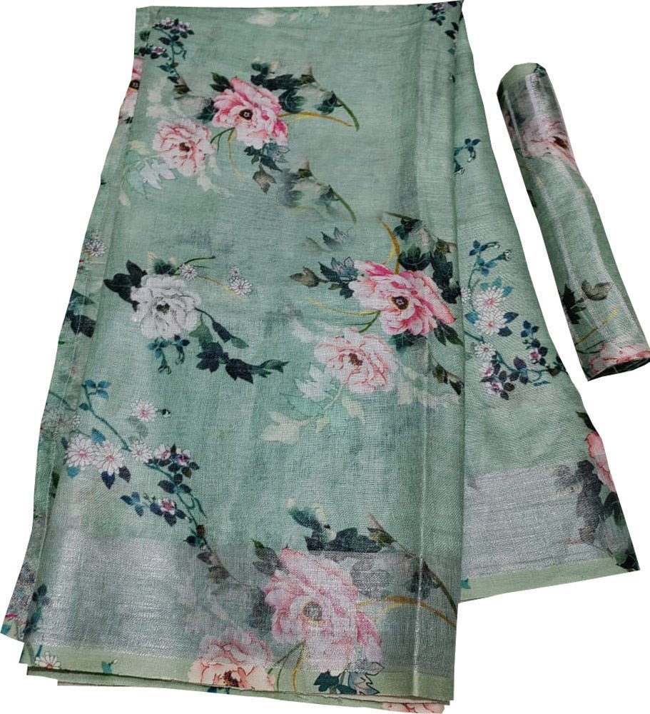 Green Digital Printed Linen Floral Design Saree - Luxurion World