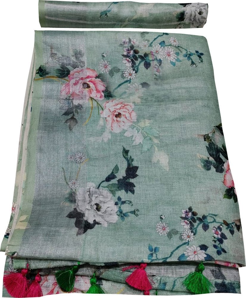 Green Digital Printed Linen Floral Design Saree - Luxurion World