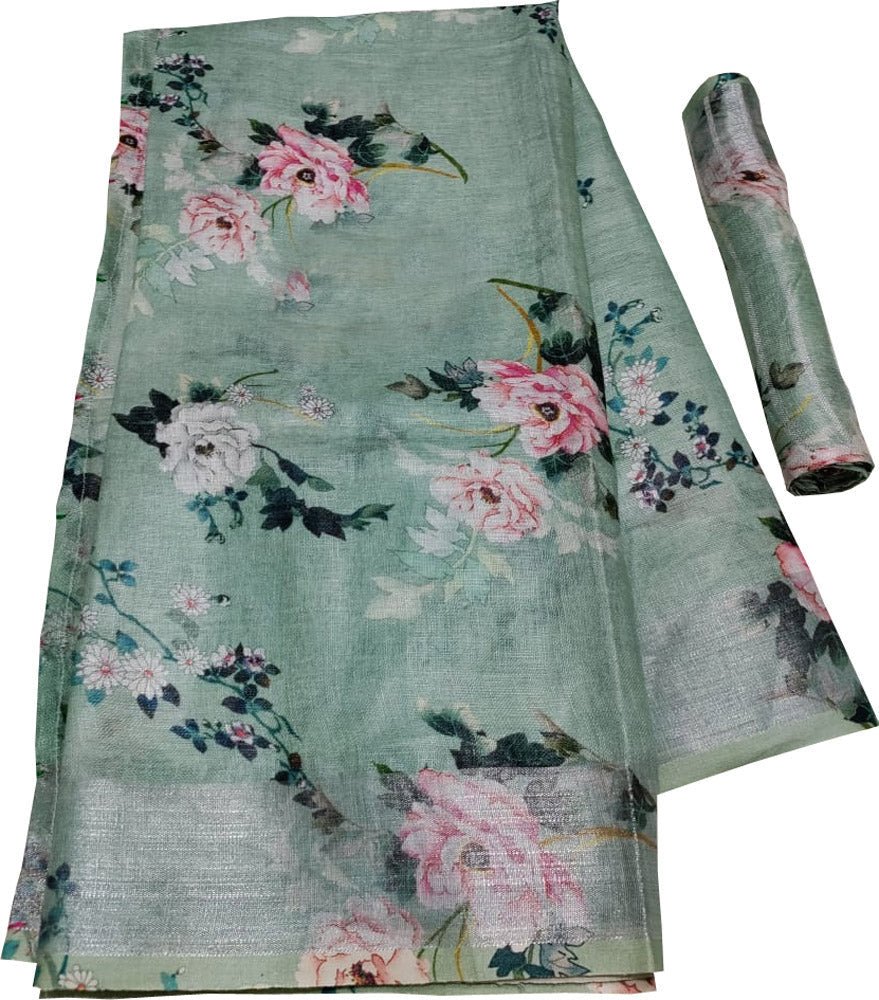 Green Digital Printed Linen Floral Design Saree - Luxurion World