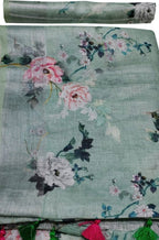 Green Digital Printed Linen Floral Design Saree - Luxurion World
