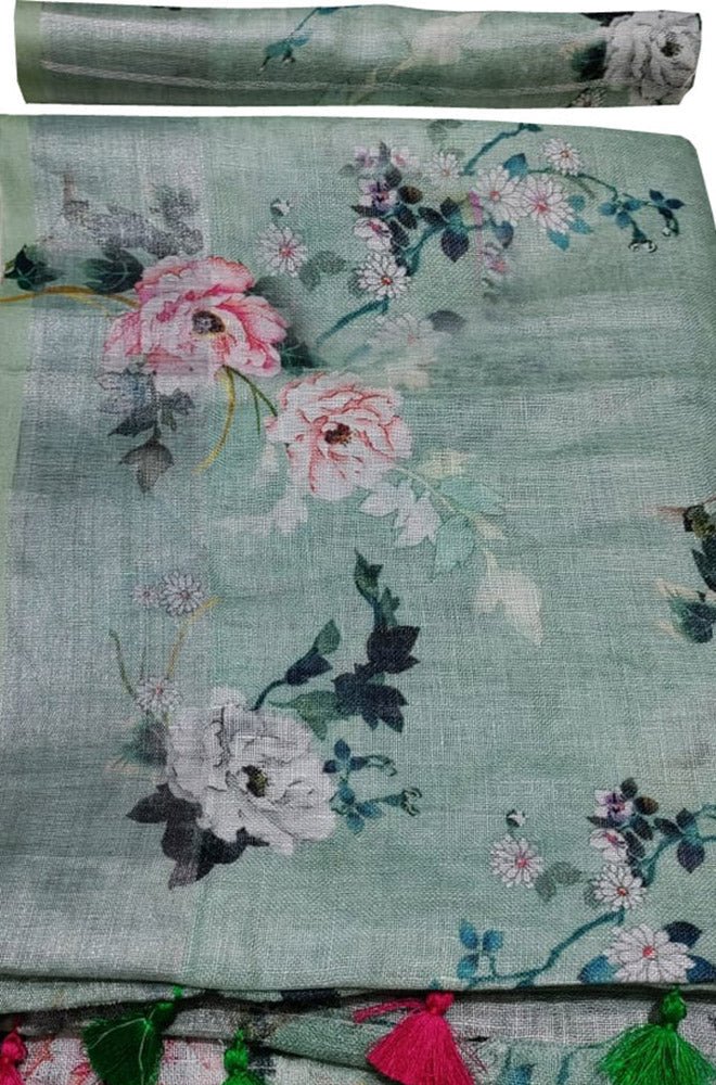 Green Digital Printed Linen Floral Design Saree - Luxurion World