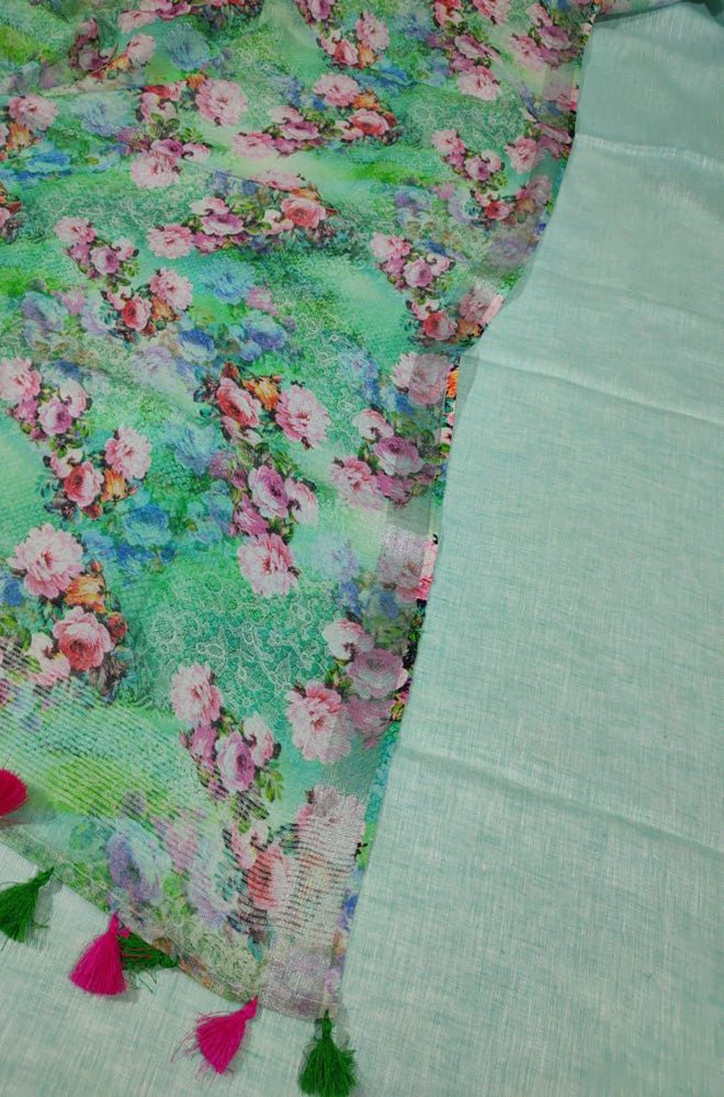 Green Digital Printed Linen Two Piece Unstitched Suit Set - Luxurion World