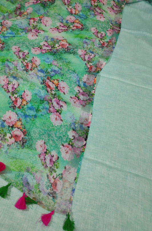 Green Digital Printed Linen Two Piece Unstitched Suit Set - Luxurion World