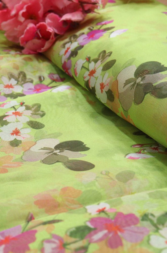Green Digital Printed Organza Silk Floral Design Fabric ( 1 Mtr ) Luxurionworld