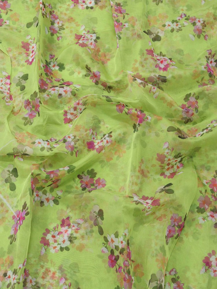 Green Digital Printed Organza Silk Floral Design Fabric ( 1 Mtr ) - Luxurion World