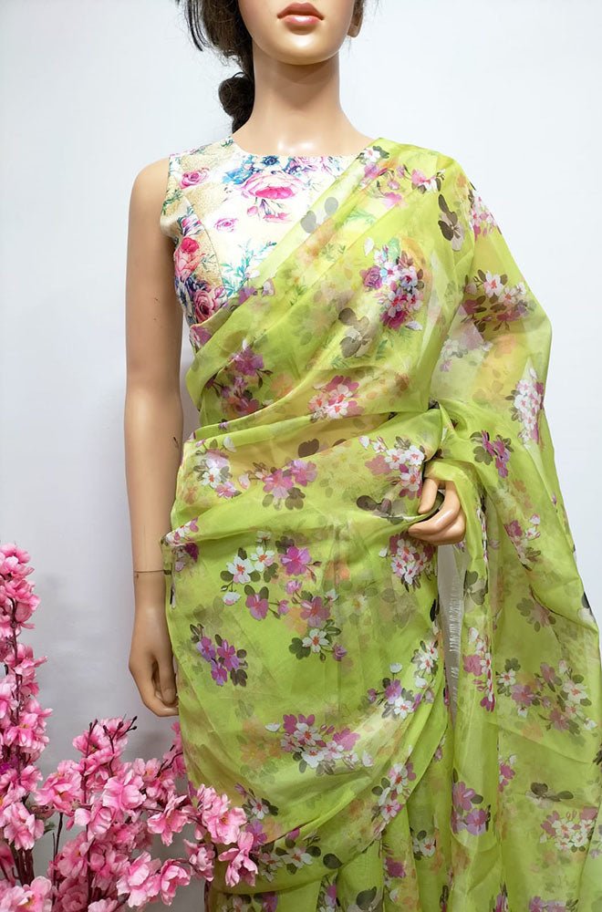 Green Digital Printed Organza Silk Floral Design Saree - Luxurion World