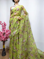 Green Digital Printed Organza Silk Floral Design Saree - Luxurion World