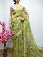 Green Digital Printed Organza Silk Floral Design Saree - Luxurion World