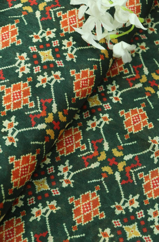 Green Digital Printed Patola Design Tussar Silk Fabric - Luxurion World