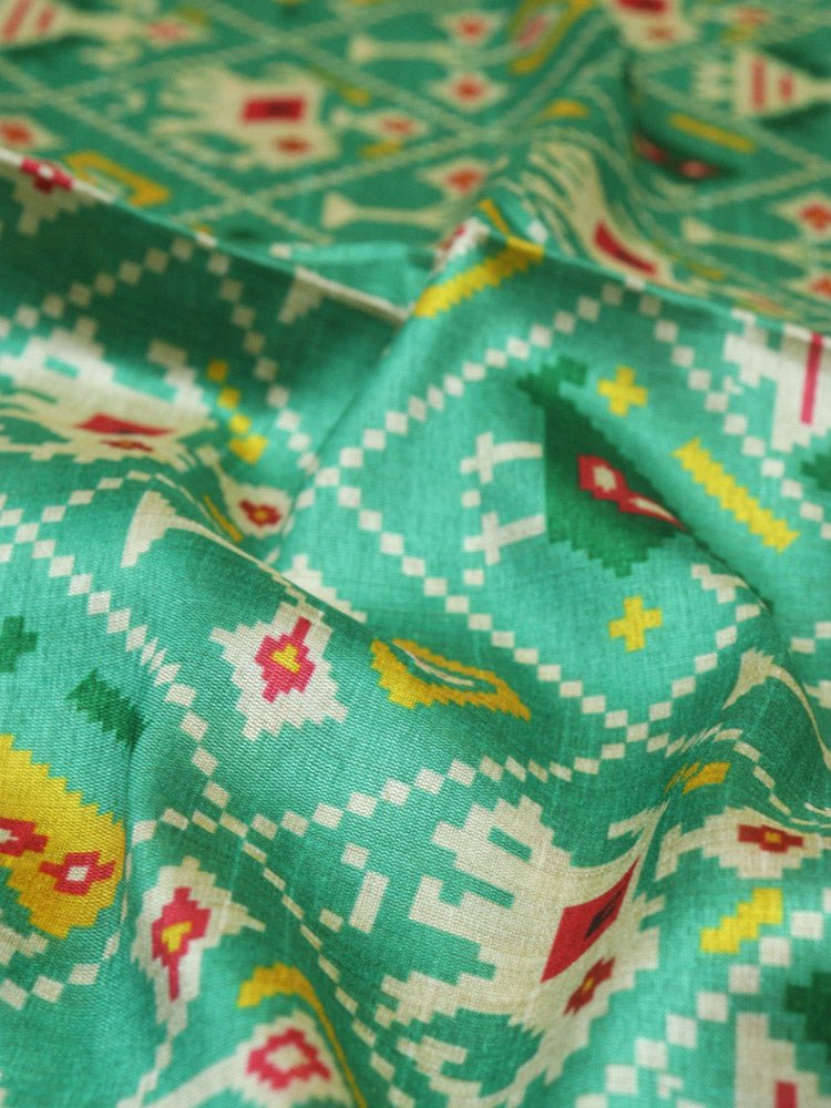 Green Digital Printed Patola Design Tussar Silk Fabric