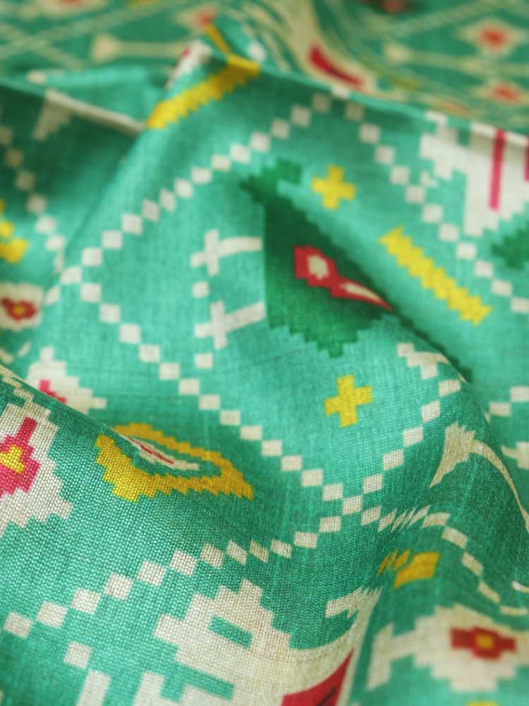 Green Digital Printed Patola Design Tussar Silk Fabric