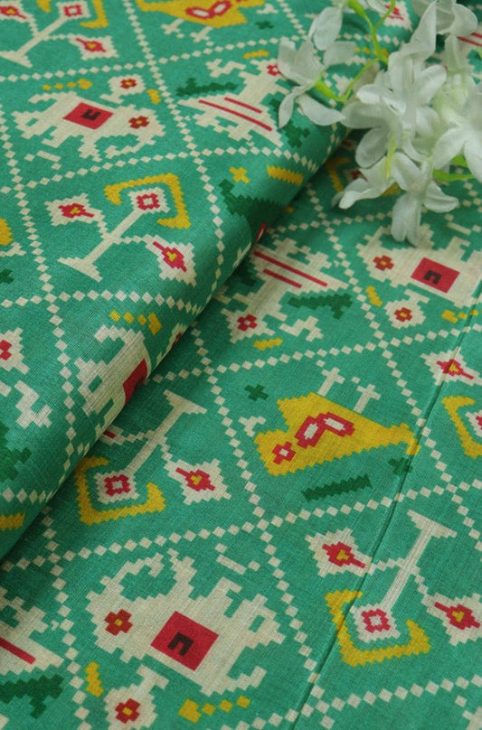 Green Digital Printed Patola Design Tussar Silk Fabric - Luxurion World