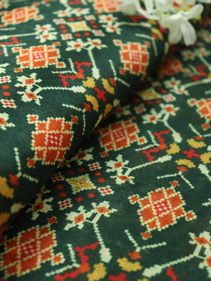 Green Digital Printed Patola Design Tussar Silk Fabric - Luxurion World