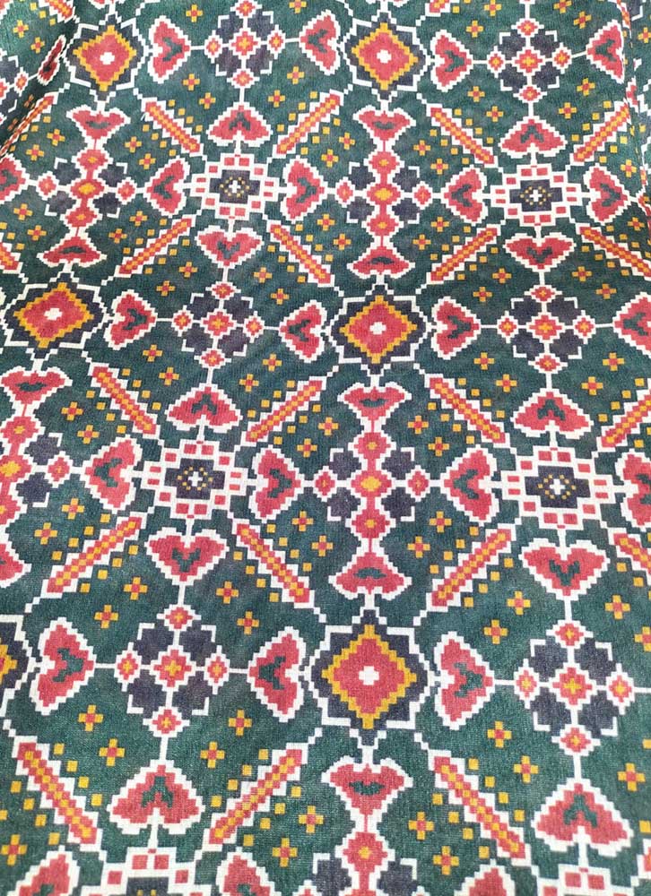 Green Digital Printed Tussar Silk Patola Design Fabric ( 1 Mtr ) - Luxurion World