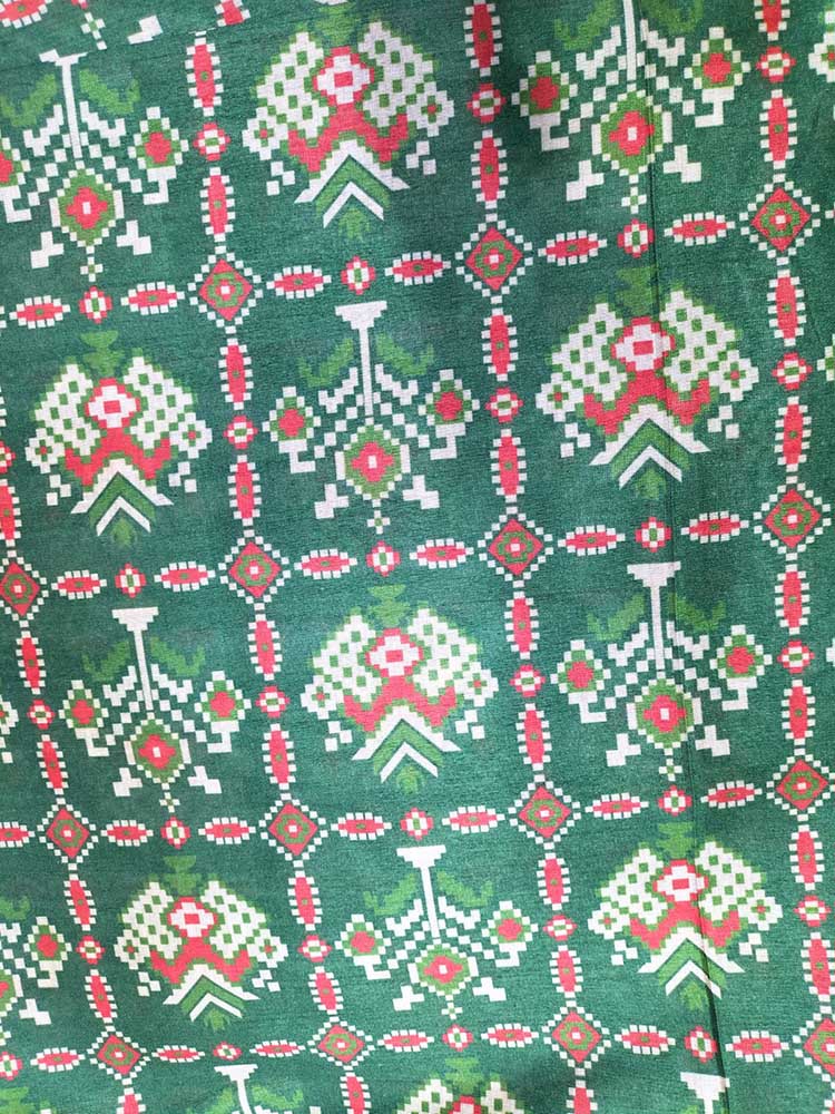 Green Digital Printed Tussar Silk Patola Design Fabric ( 1 Mtr )