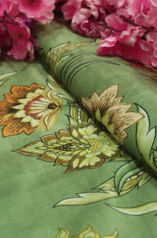 Green Digital Printed Velvet Floral Design Fabric ( 1 Mtr ) - Luxurion World