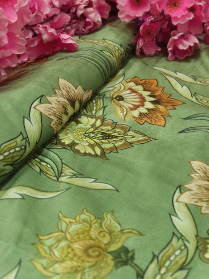 Green Digital Printed Velvet Floral Design Fabric ( 1 Mtr )