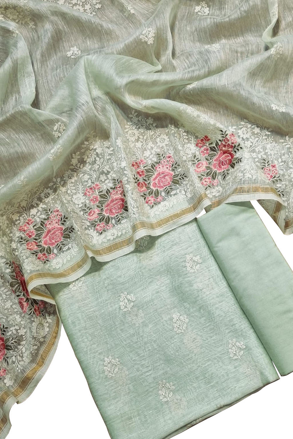 Green Embroidered Banarasi Linen Silk Three Piece Unstitched Suit Set