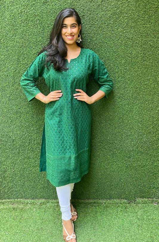 Green Embroidered Chikankari Cotton Stitched Kurti - Luxurion World