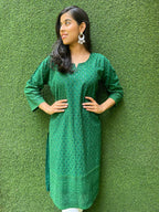 Green Embroidered Chikankari Cotton Stitched Kurti - Luxurion World