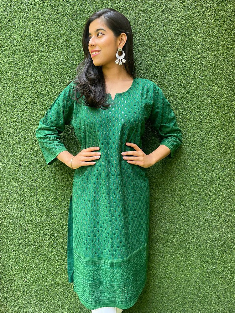 Green Embroidered Chikankari Cotton Stitched Kurti - Luxurion World