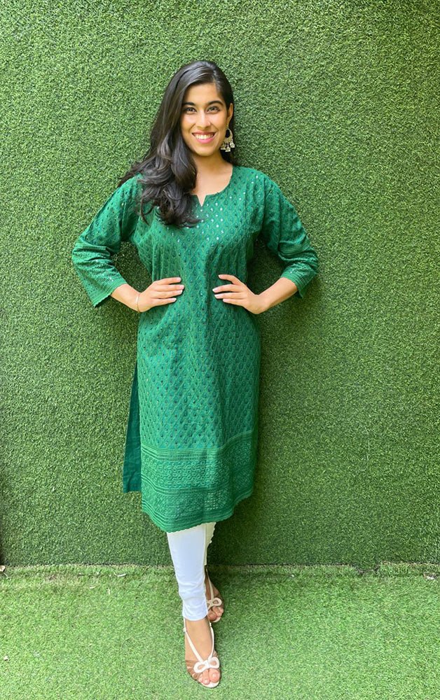Green Embroidered Chikankari Cotton Stitched Kurti - Luxurion World