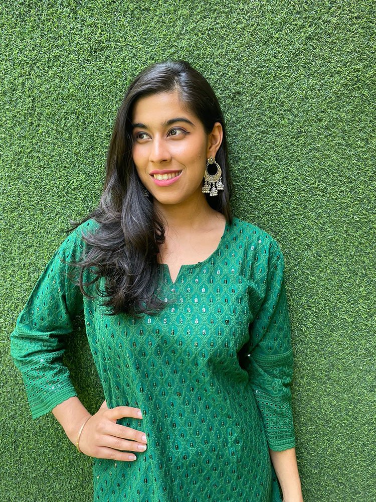 Green Embroidered Chikankari Cotton Stitched Kurti - Luxurion World