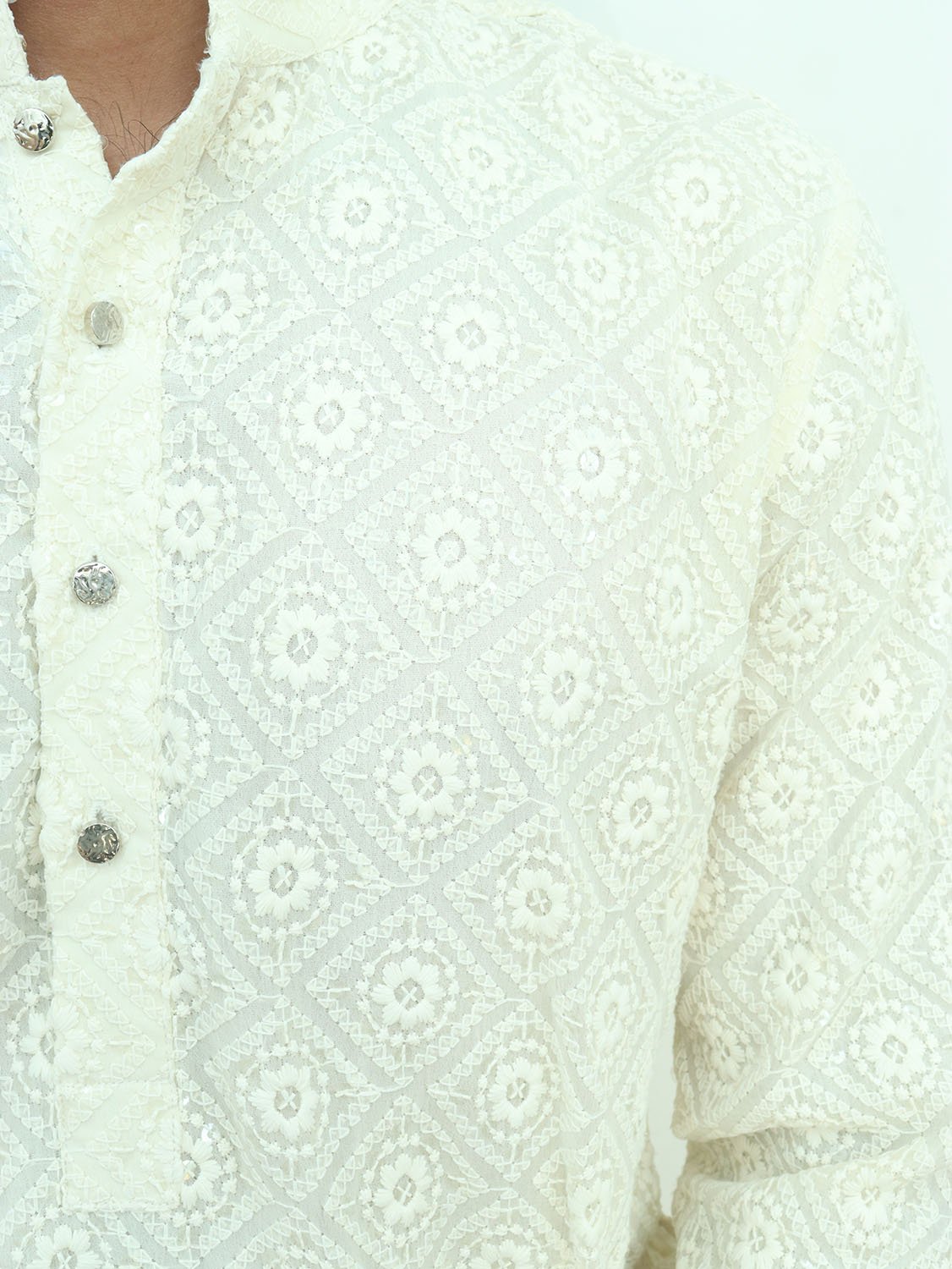 White Embroidered Chikankari Georgette Sequins Work Kurta - Luxurion World