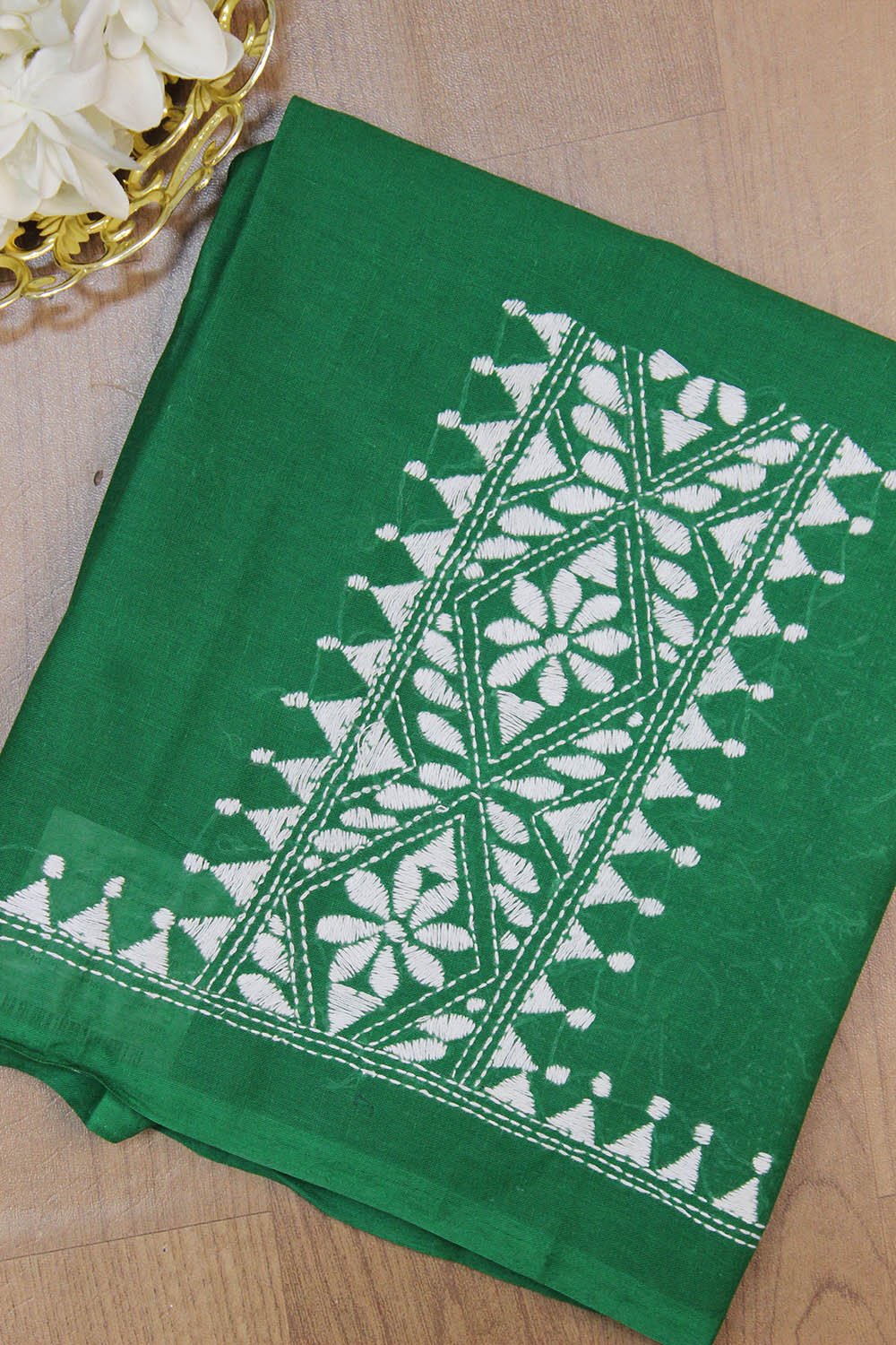Green Embroidered Kantha Cotton Blouse Piece Fabric ( 1 Mtr )