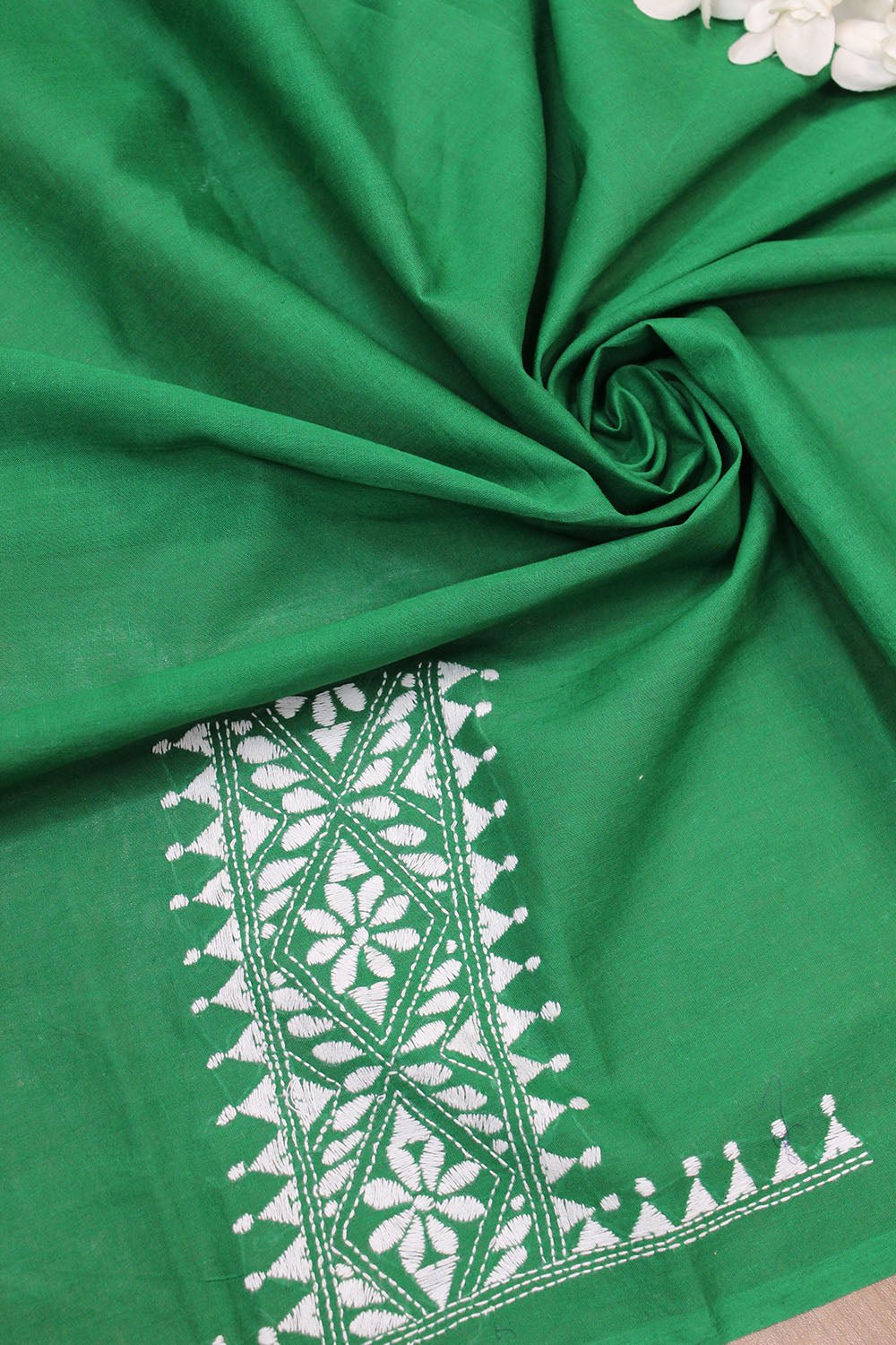 Green Embroidered Kantha Cotton Blouse Piece Fabric ( 1 Mtr ) - Luxurion World