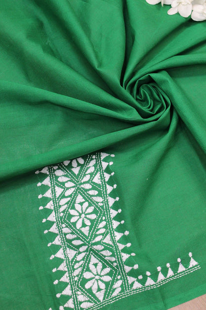 Green Embroidered Kantha Cotton Blouse Piece Fabric ( 1 Mtr ) - Luxurion World