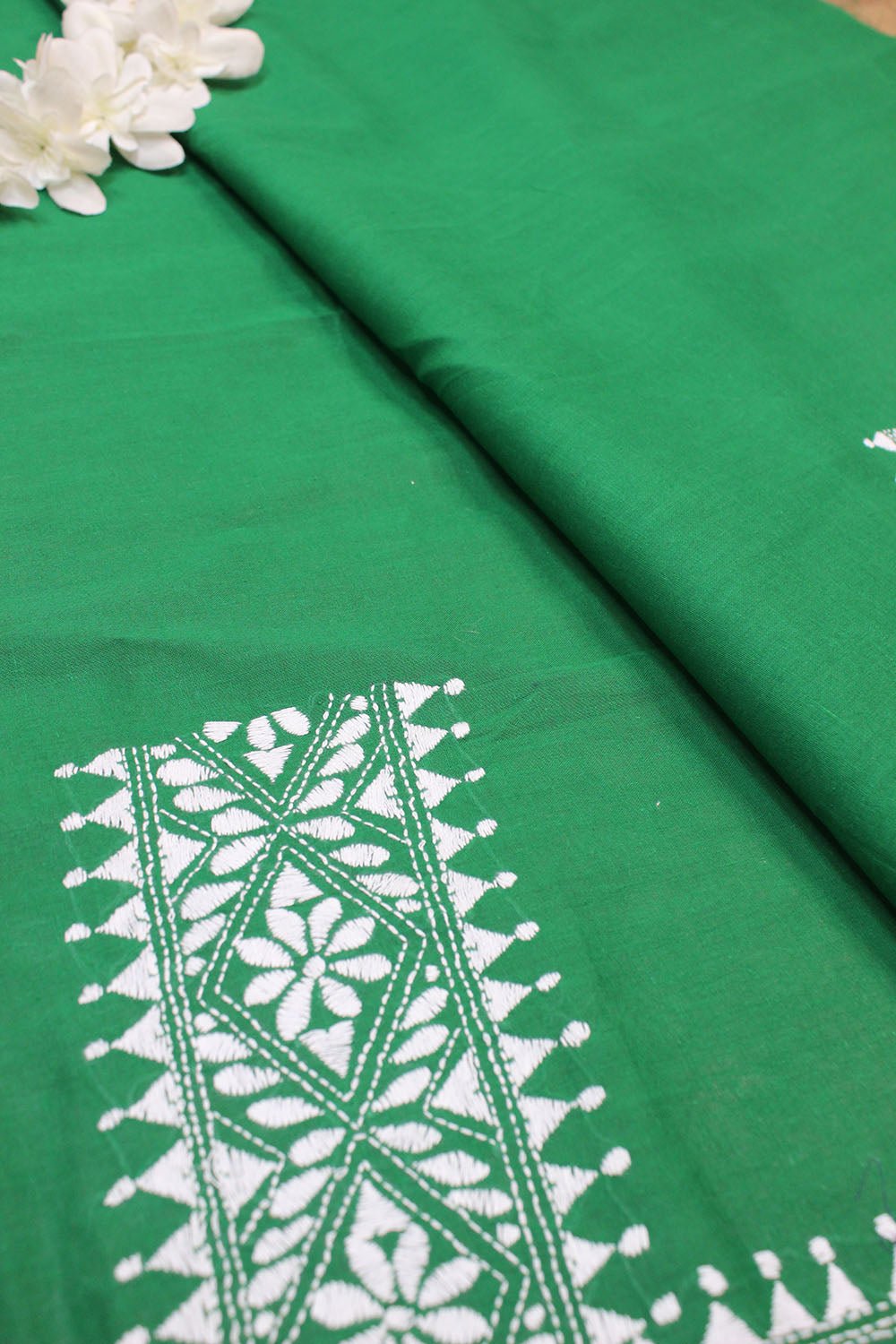 Green Embroidered Kantha Cotton Blouse Piece Fabric ( 1 Mtr ) - Luxurion World