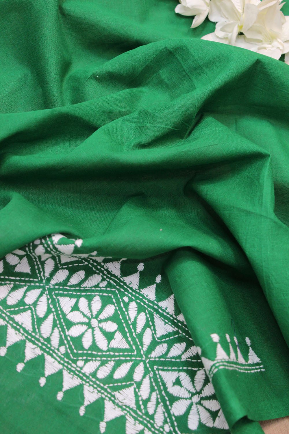 Green Embroidered Kantha Cotton Blouse Piece Fabric ( 1 Mtr ) - Luxurion World