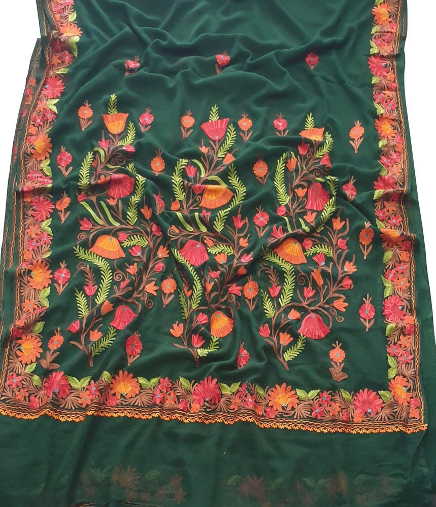 Green Embroidered Kashmiri Aari Work Georgette Flower Design Saree - Luxurion World