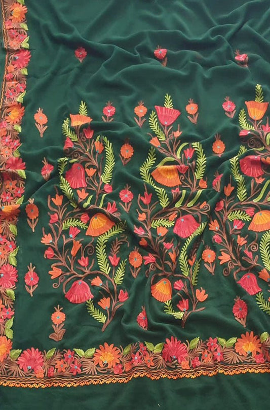 Green Embroidered Kashmiri Aari Work Georgette Flower Design Saree - Luxurion World