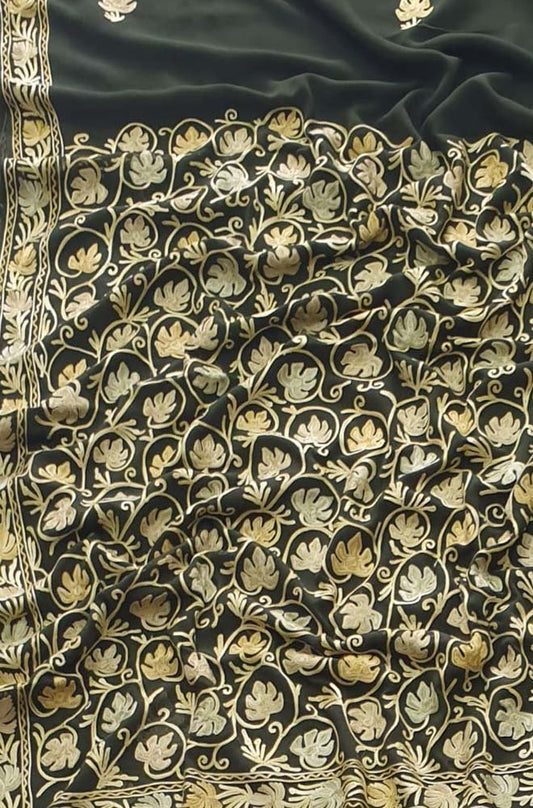 Green Embroidered Kashmiri Aari Work Georgette Saree - Luxurion World