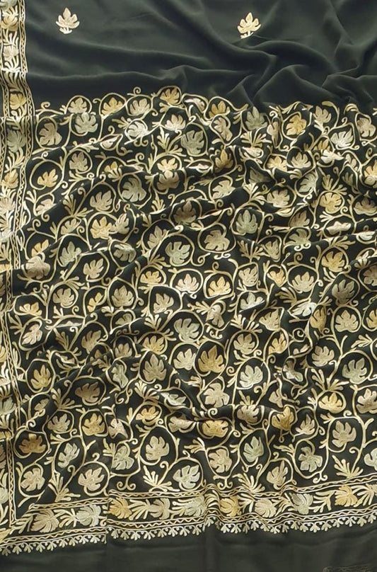 Green Embroidered Kashmiri Aari Work Georgette Saree - Luxurion World