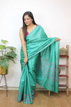 Green Embroidered Kashmiri Sozni Work Pure Silk Saree - Luxurion World