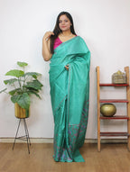 Green Embroidered Kashmiri Sozni Work Pure Silk Saree - Luxurion World