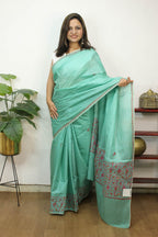 Green Embroidered Kashmiri Sozni Work Pure Silk Saree - Luxurion World