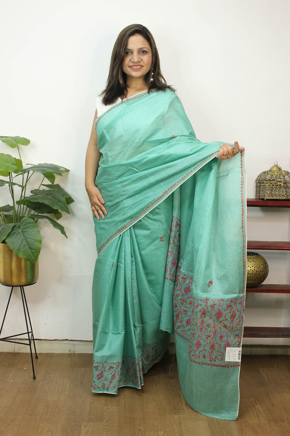 Green Embroidered Kashmiri Sozni Work Pure Silk Saree - Luxurion World