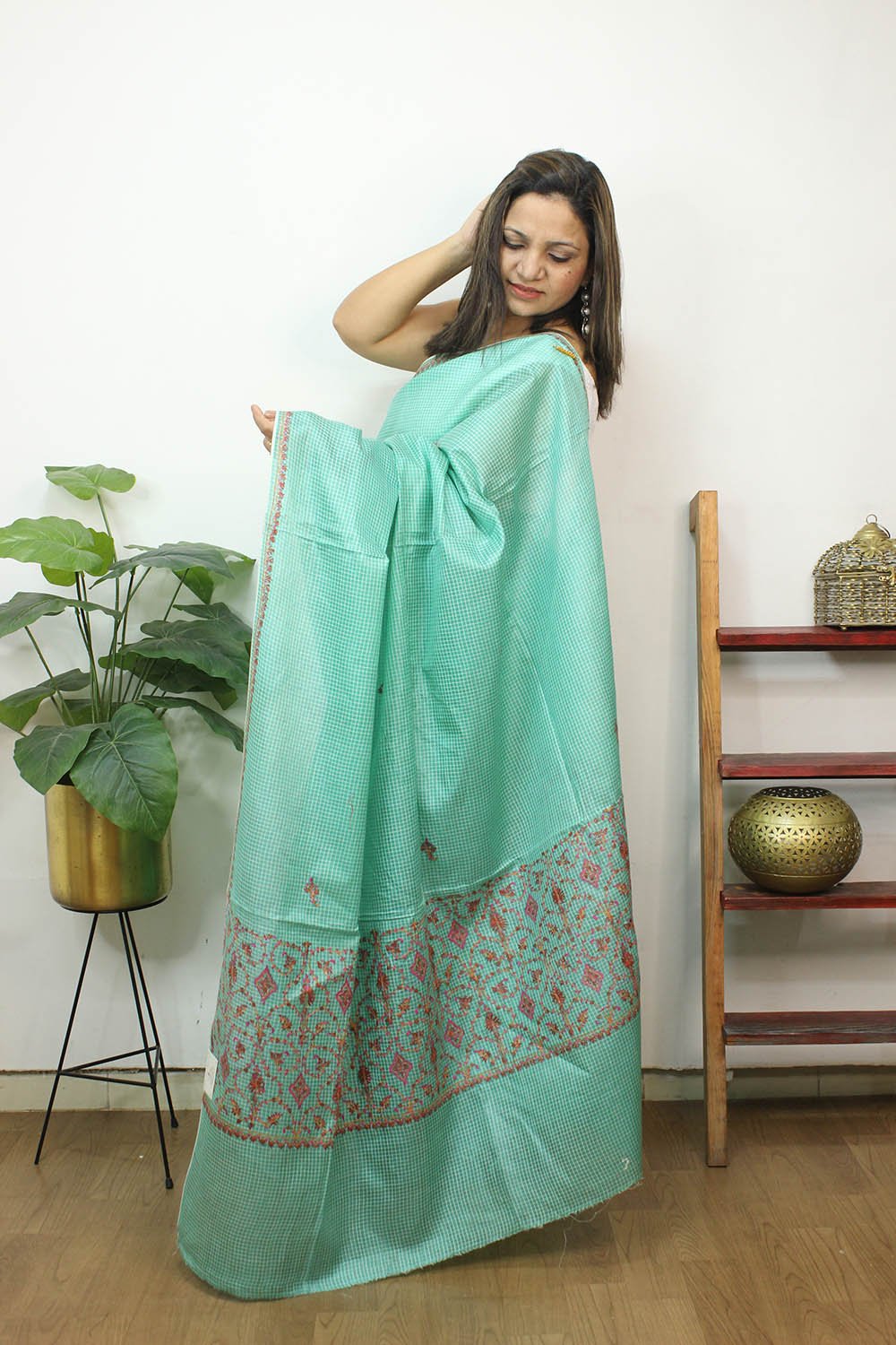Green Embroidered Kashmiri Sozni Work Pure Silk Saree - Luxurion World