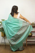 Green Embroidered Kashmiri Sozni Work Pure Silk Saree - Luxurion World
